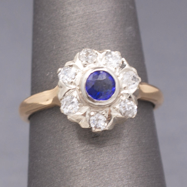Art Deco Bezel Set Sapphire & Old European Cut Diamond Daisy Ring in 14k Yellow Gold