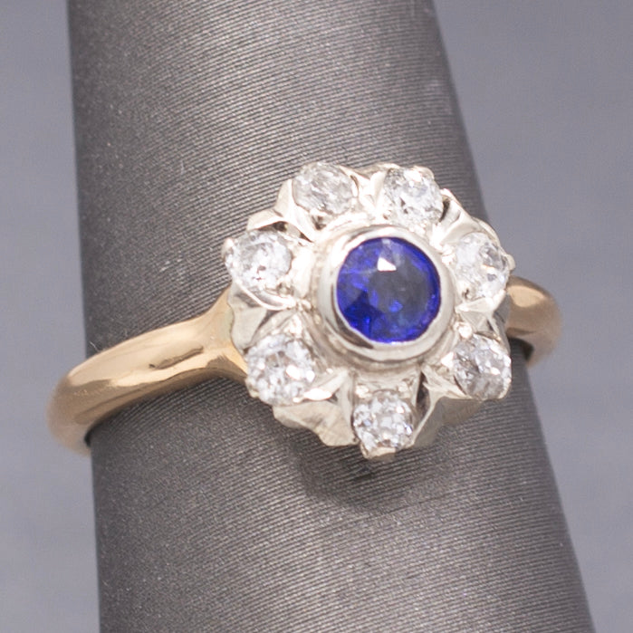 Art Deco Bezel Set Sapphire & Old European Cut Diamond Daisy Ring in 14k Yellow Gold