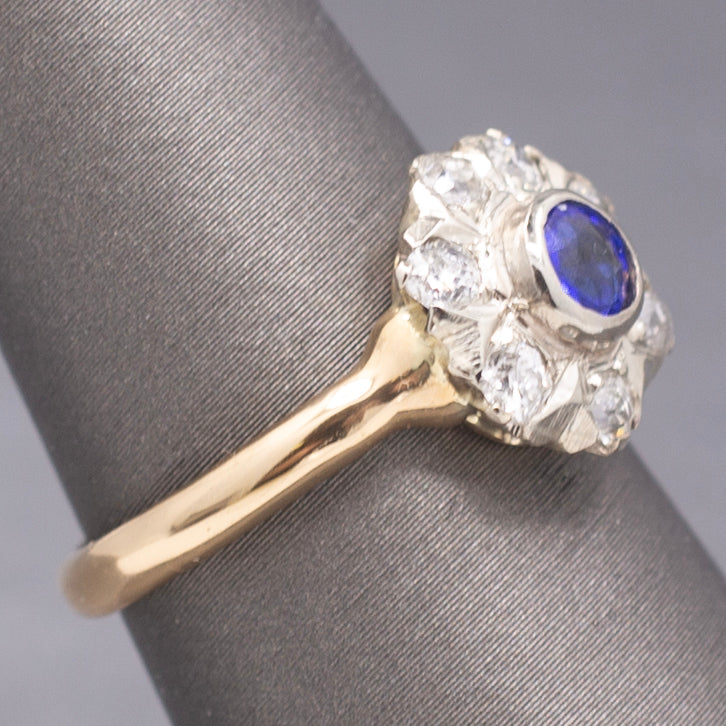 Art Deco Bezel Set Sapphire & Old European Cut Diamond Daisy Ring in 14k Yellow Gold