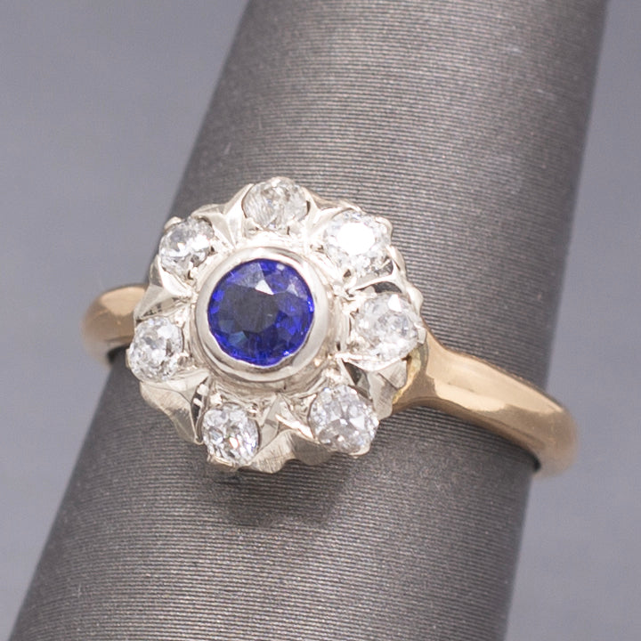Art Deco Bezel Set Sapphire & Old European Cut Diamond Daisy Ring in 14k Yellow Gold
