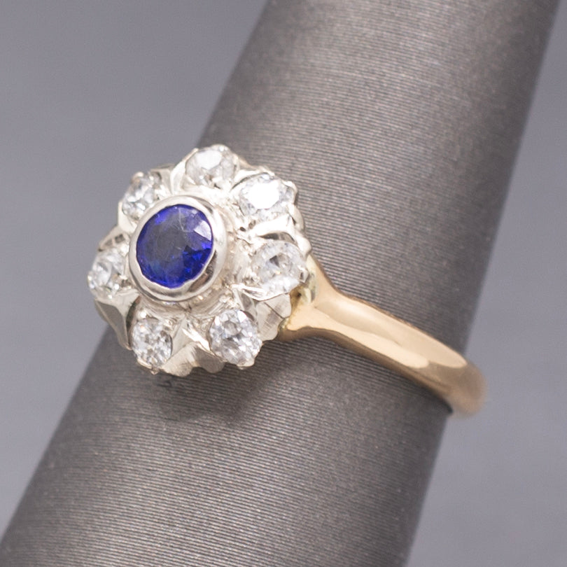 Art Deco Bezel Set Sapphire & Old European Cut Diamond Daisy Ring in 14k Yellow Gold