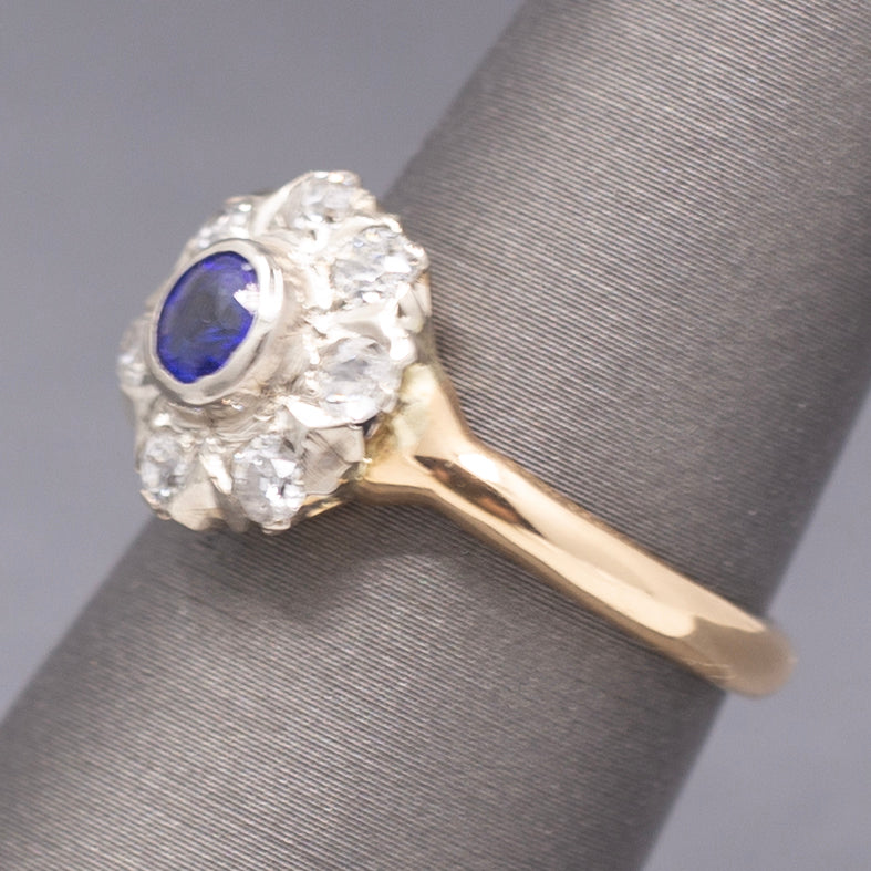 Art Deco Bezel Set Sapphire & Old European Cut Diamond Daisy Ring in 14k Yellow Gold