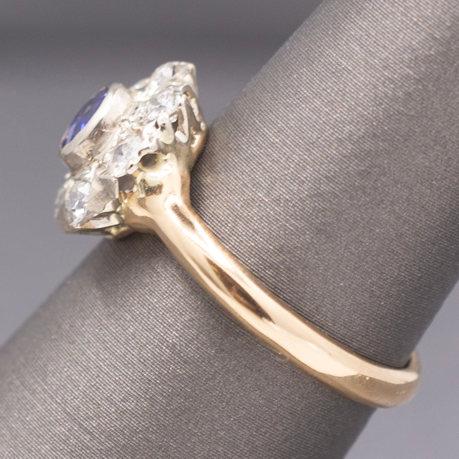 Art Deco Bezel Set Sapphire & Old European Cut Diamond Daisy Ring in 14k Yellow Gold