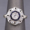Art Deco Bezel Set Sapphire & Old European Cut Diamond Daisy Ring in 14k Yellow Gold