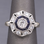Art Deco Bezel Set Sapphire & Old European Cut Diamond Daisy Ring in 14k Yellow Gold