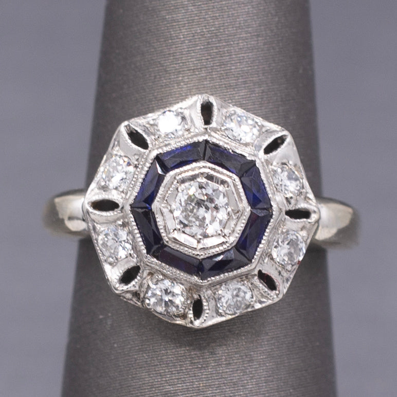 Art Deco Bezel Set Sapphire & Old European Cut Diamond Daisy Ring in 14k Yellow Gold
