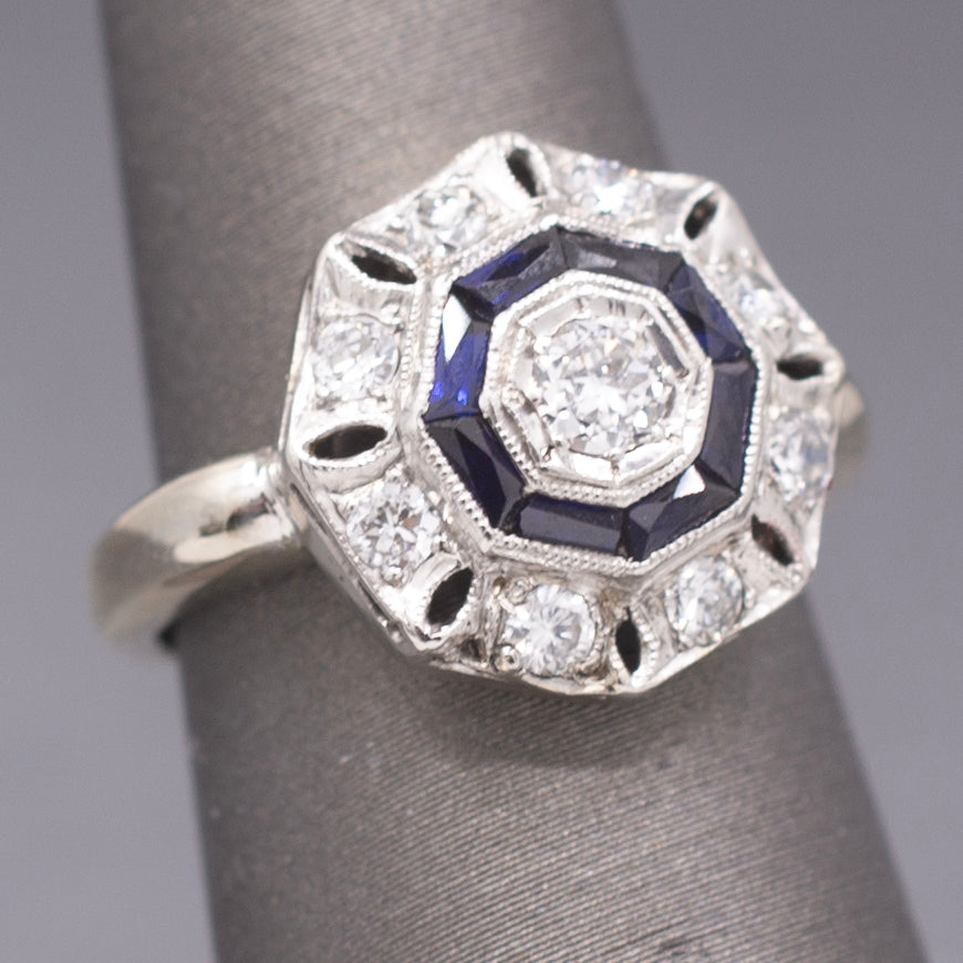 Art Deco Bezel Set Sapphire & Old European Cut Diamond Daisy Ring in 14k Yellow Gold