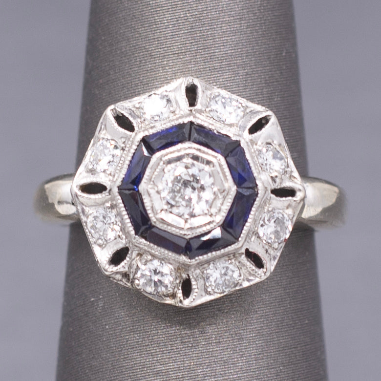 Art Deco Bezel Set Sapphire & Old European Cut Diamond Daisy Ring in 14k Yellow Gold