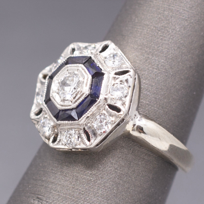 Art Deco Bezel Set Sapphire & Old European Cut Diamond Daisy Ring in 14k Yellow Gold
