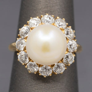 Vintage Button Pearl and Old Mine Cut Diamond Halo Ring in 14k Yellow Gold