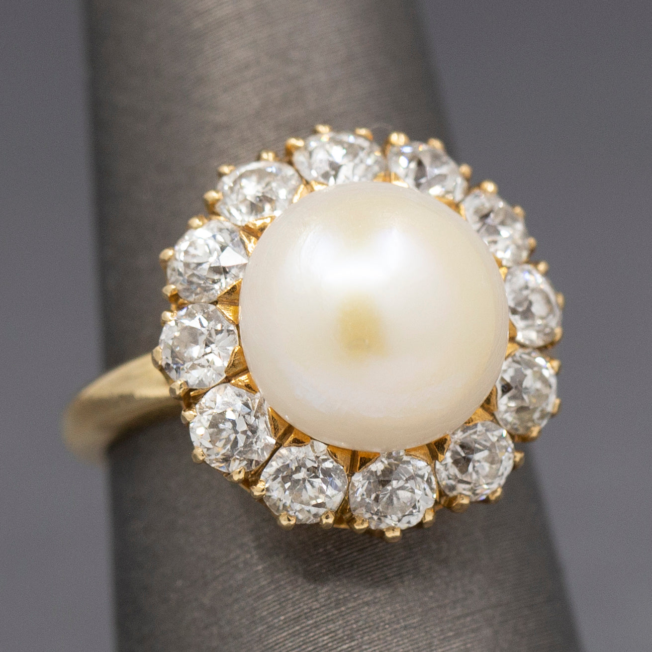 Vintage Button Pearl and Old Mine Cut Diamond Halo Ring in 14k Yellow Gold