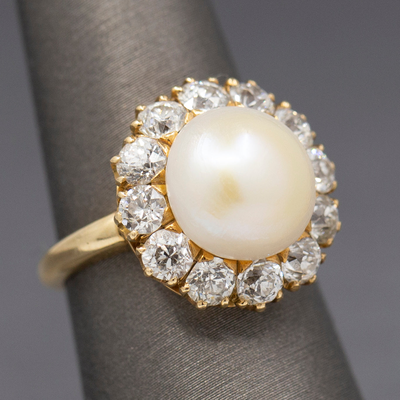 Vintage Button Pearl and Old Mine Cut Diamond Halo Ring in 14k Yellow Gold