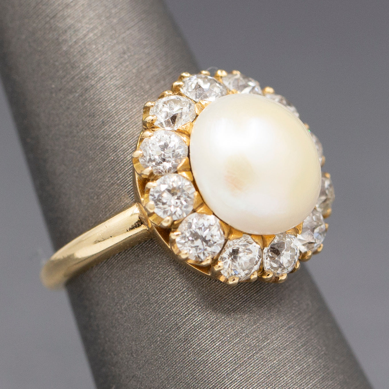 Vintage Button Pearl and Old Mine Cut Diamond Halo Ring in 14k Yellow Gold