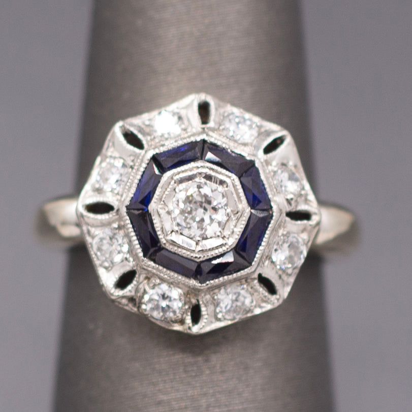 Art Deco Bezel Set Sapphire & Old European Cut Diamond Daisy Ring in 14k Yellow Gold