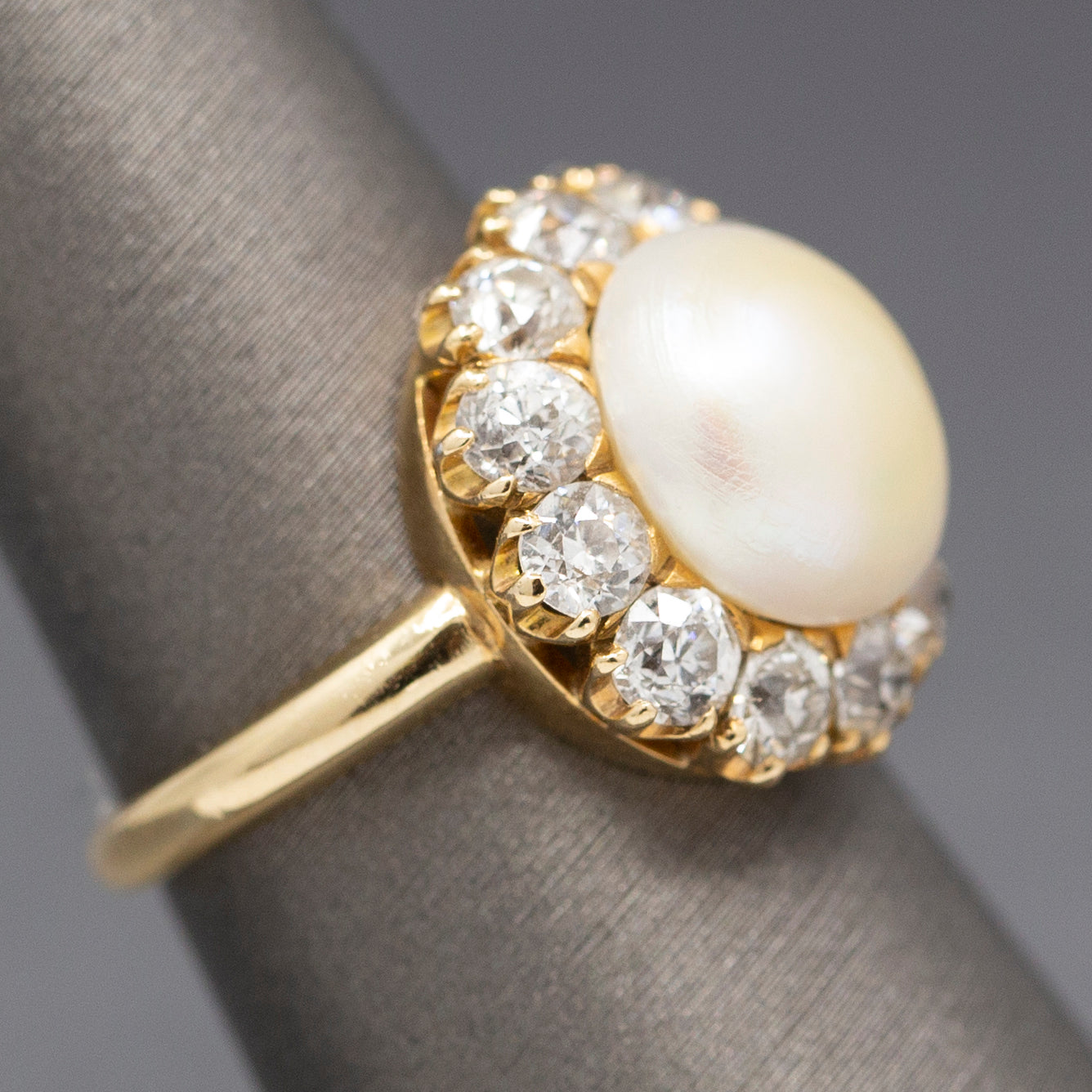 Vintage Button Pearl and Old Mine Cut Diamond Halo Ring in 14k Yellow Gold