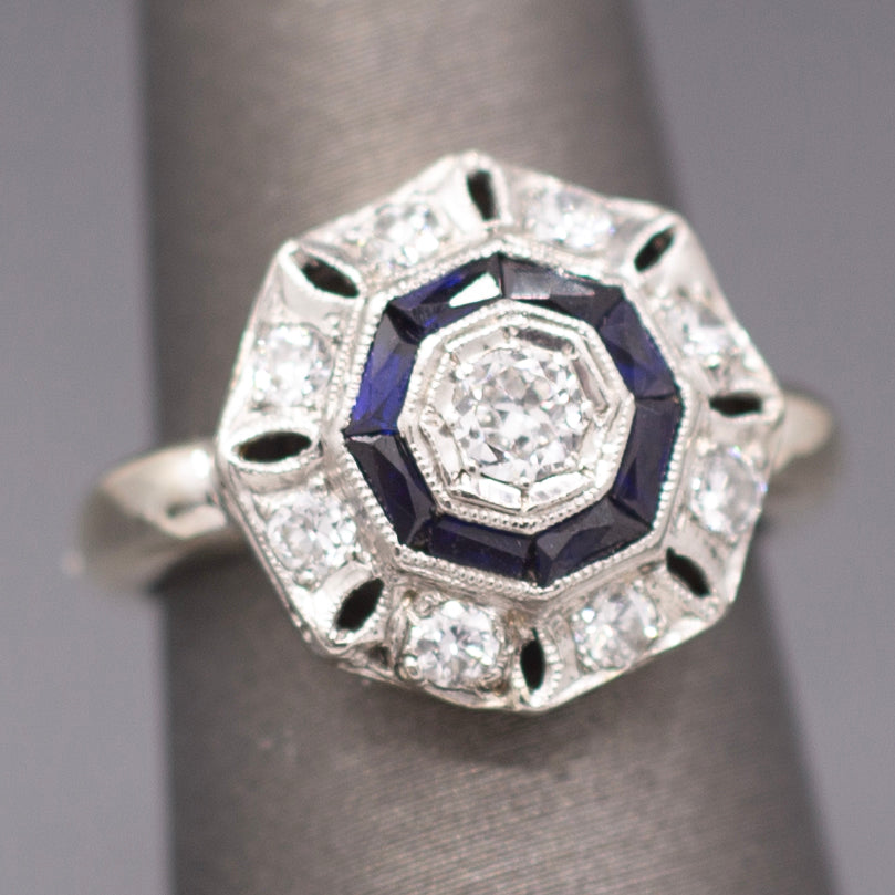 Art Deco Bezel Set Sapphire & Old European Cut Diamond Daisy Ring in 14k Yellow Gold