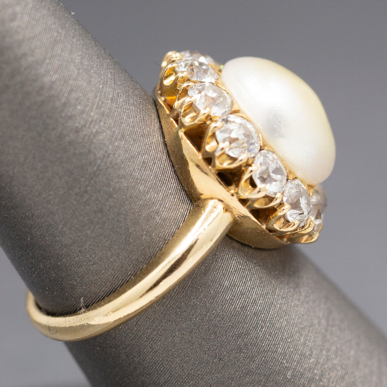 Vintage Button Pearl and Old Mine Cut Diamond Halo Ring in 14k Yellow Gold