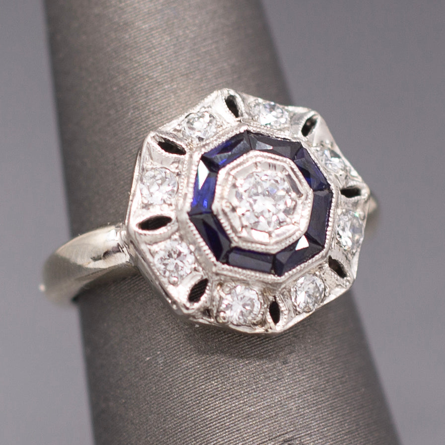 Art Deco Bezel Set Sapphire & Old European Cut Diamond Daisy Ring in 14k Yellow Gold