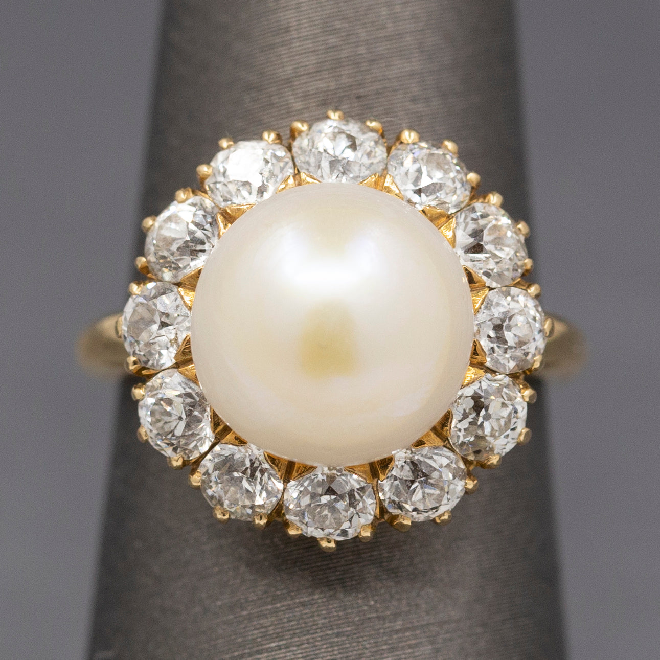 Vintage Button Pearl and Old Mine Cut Diamond Halo Ring in 14k Yellow Gold