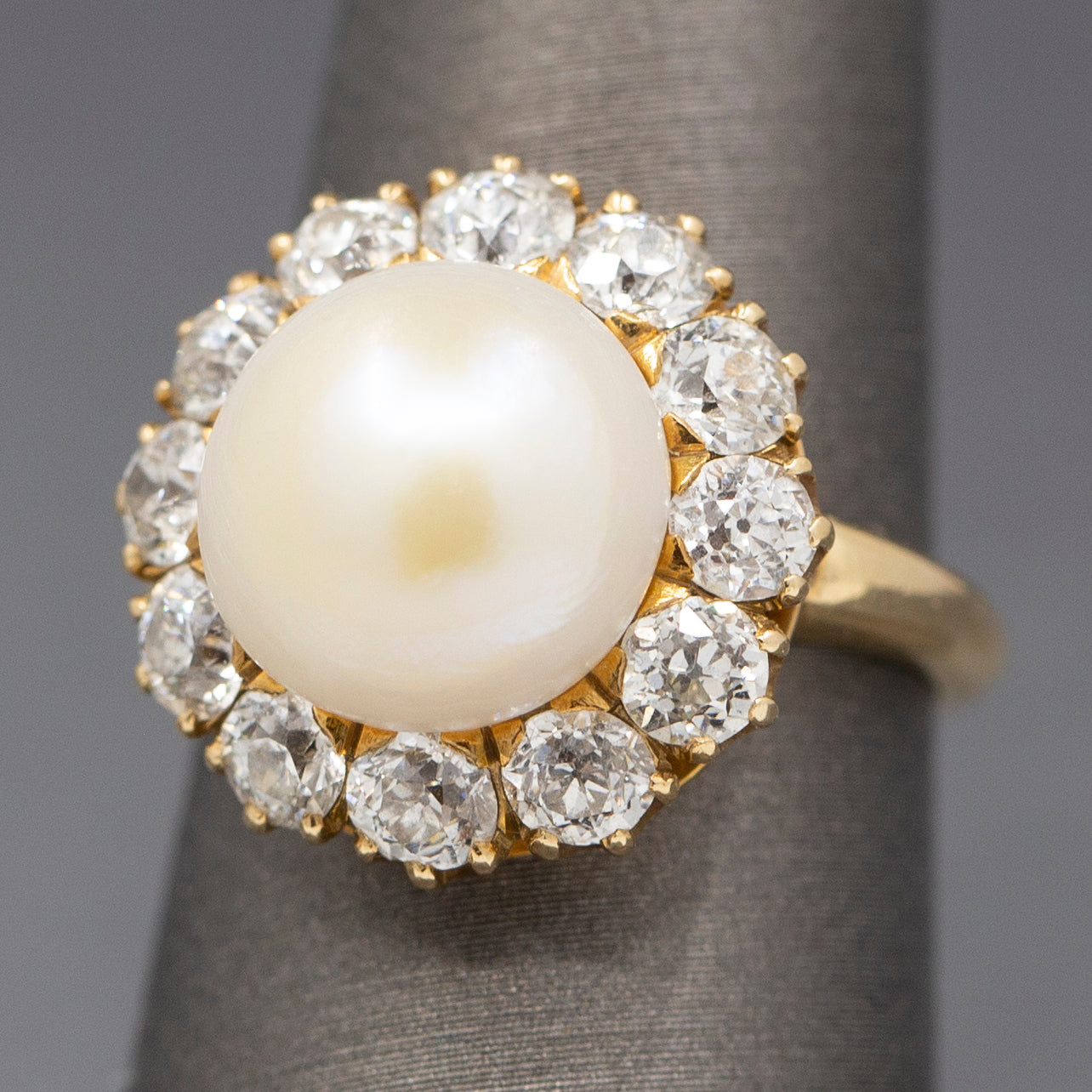 Vintage Button Pearl and Old Mine Cut Diamond Halo Ring in 14k Yellow Gold