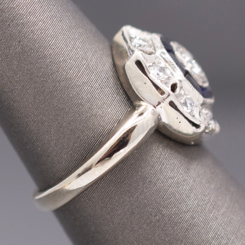 Art Deco Bezel Set Sapphire & Old European Cut Diamond Daisy Ring in 14k Yellow Gold
