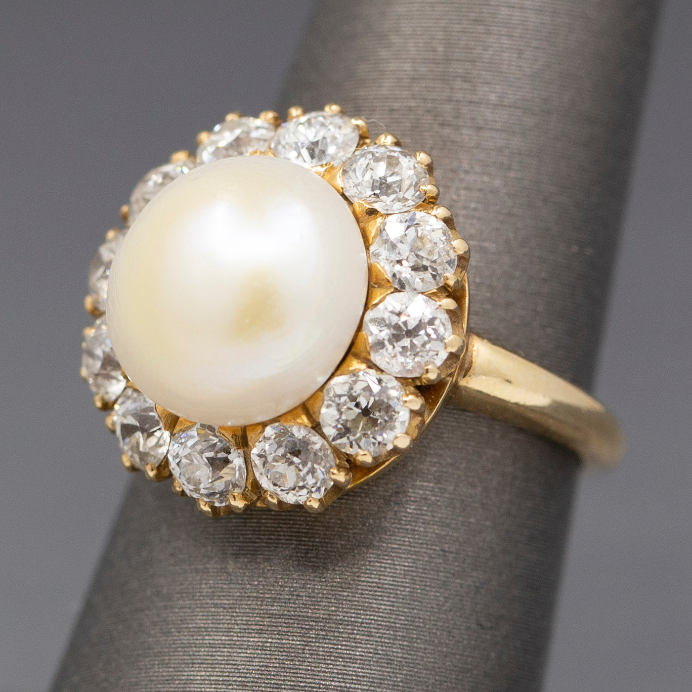 Vintage Button Pearl and Old Mine Cut Diamond Halo Ring in 14k Yellow Gold