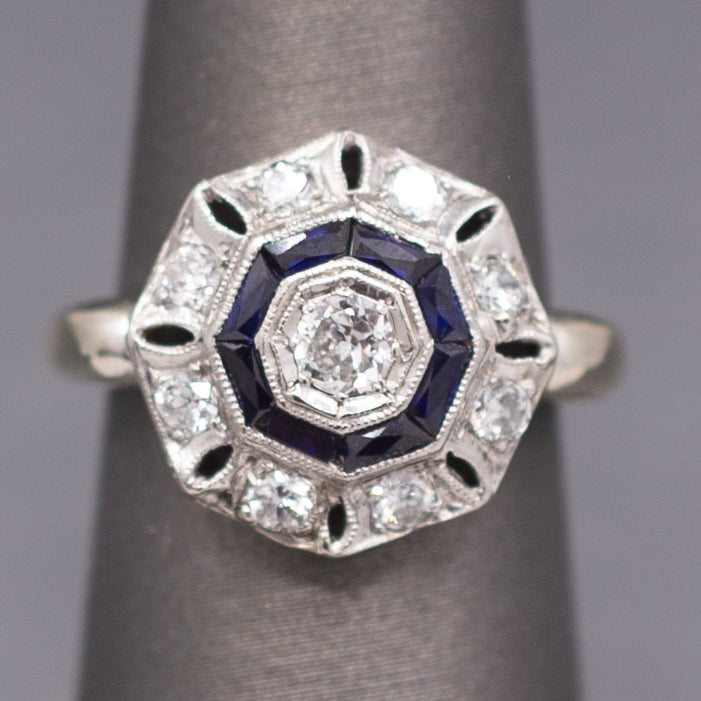 Art Deco Bezel Set Sapphire & Old European Cut Diamond Daisy Ring in 14k Yellow Gold
