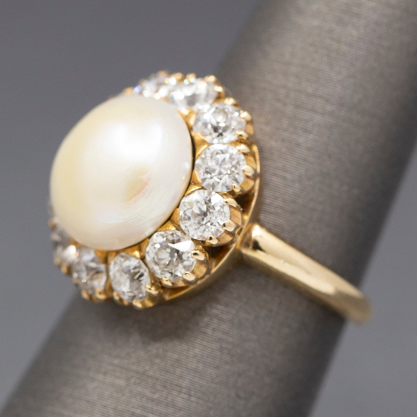 Vintage Button Pearl and Old Mine Cut Diamond Halo Ring in 14k Yellow Gold