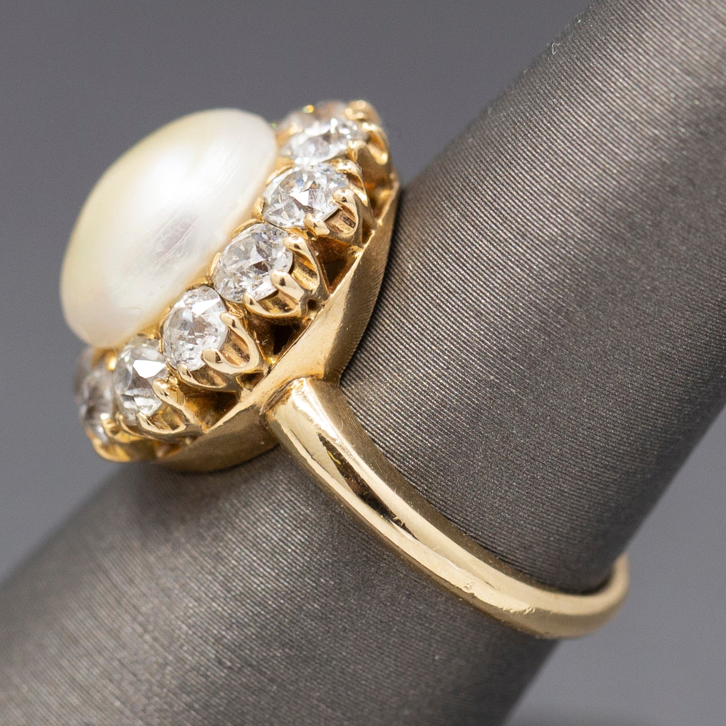 Vintage Button Pearl and Old Mine Cut Diamond Halo Ring in 14k Yellow Gold
