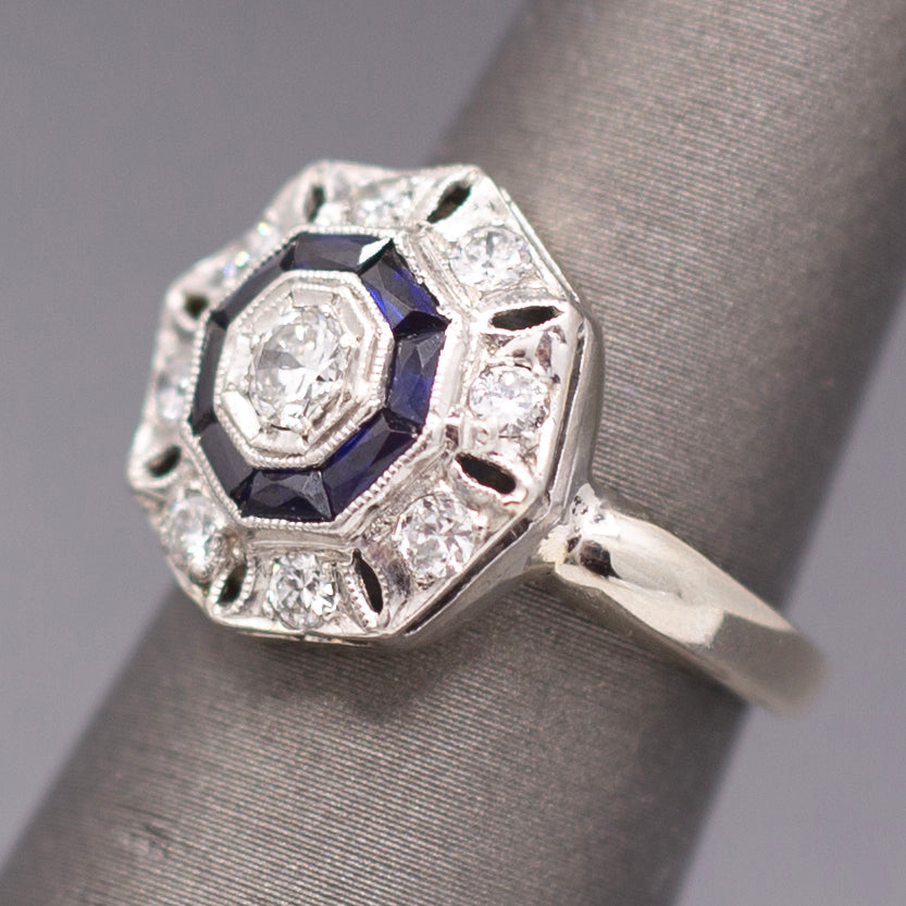 Art Deco Bezel Set Sapphire & Old European Cut Diamond Daisy Ring in 14k Yellow Gold