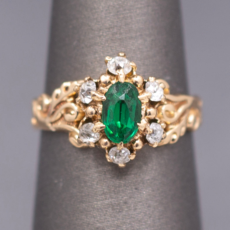 Victorian Oval Cut Emerald and Old Mine Cut Diamond Ring in Rosy Gold