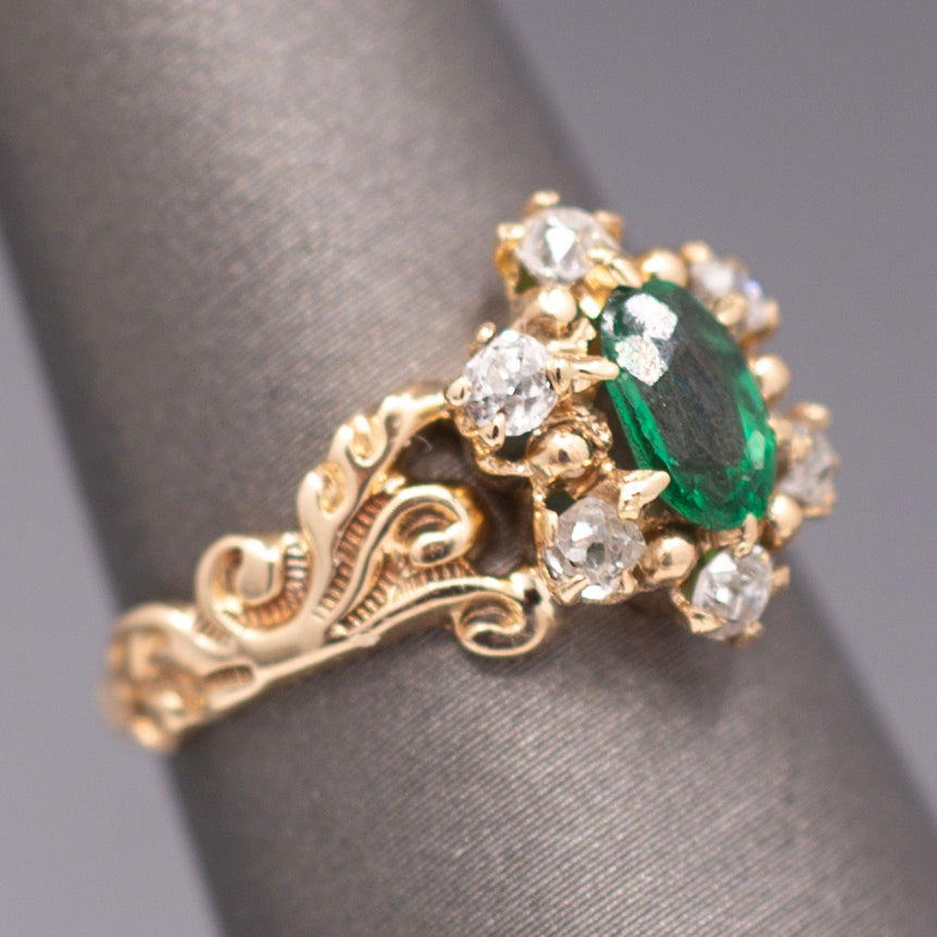Victorian Oval Cut Emerald and Old Mine Cut Diamond Ring in Rosy Gold