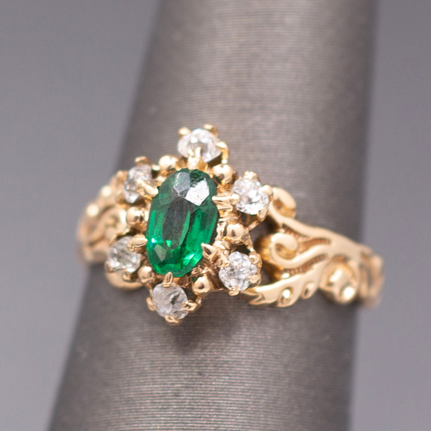 Victorian Oval Cut Emerald and Old Mine Cut Diamond Ring in Rosy Gold