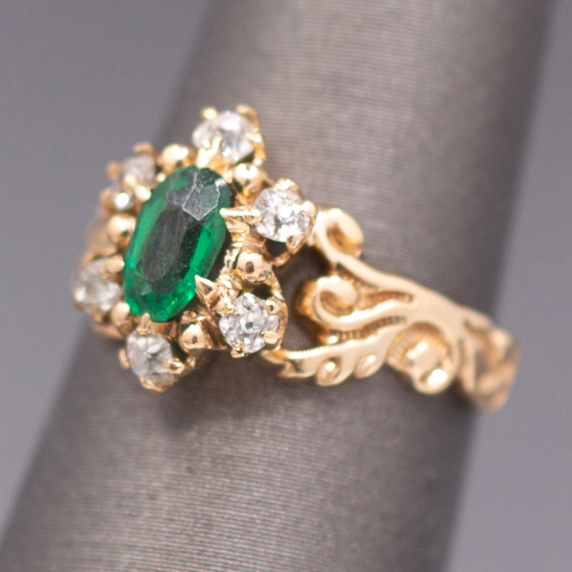 Victorian Oval Cut Emerald and Old Mine Cut Diamond Ring in Rosy Gold