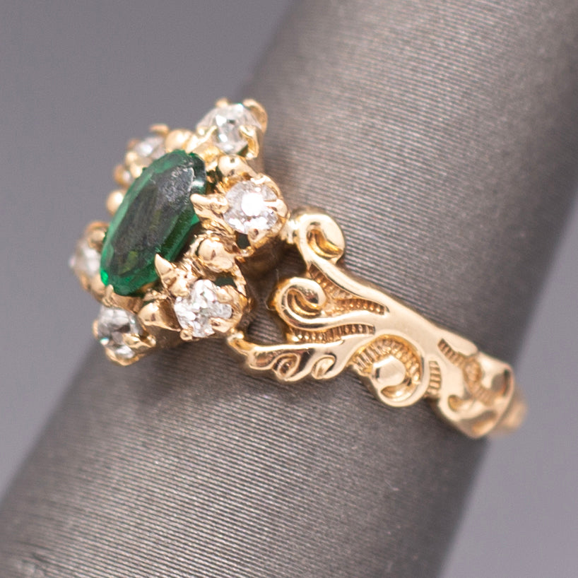 Victorian Oval Cut Emerald and Old Mine Cut Diamond Ring in Rosy Gold