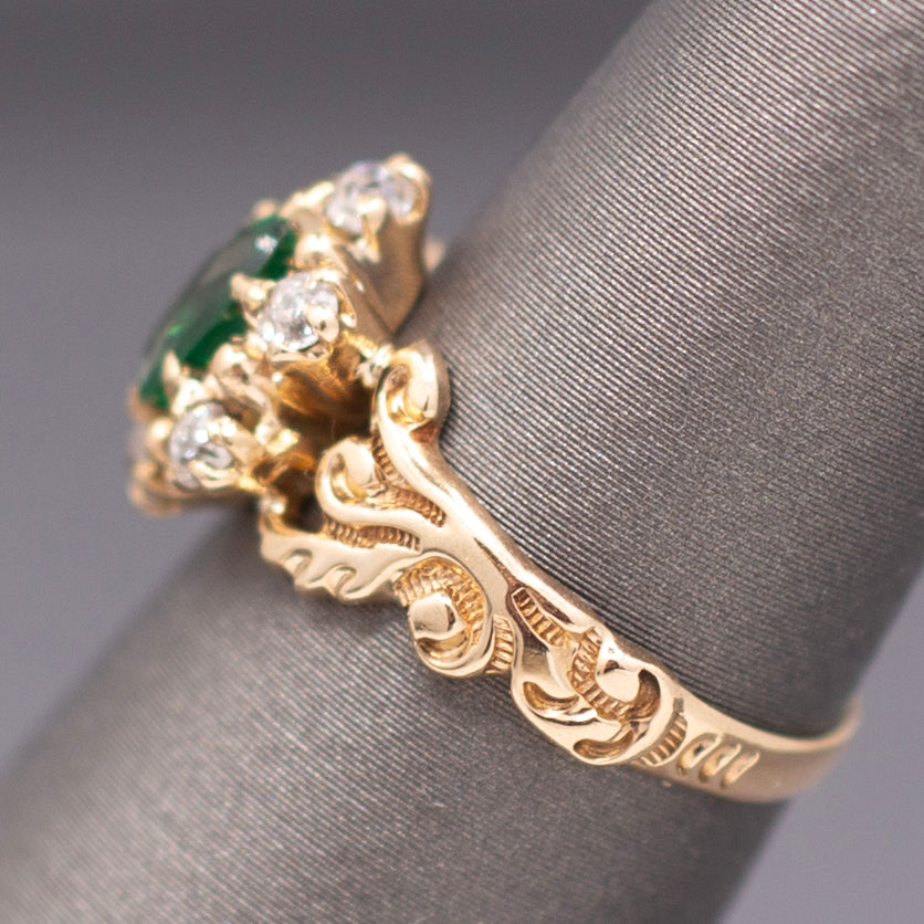 Victorian Oval Cut Emerald and Old Mine Cut Diamond Ring in Rosy Gold