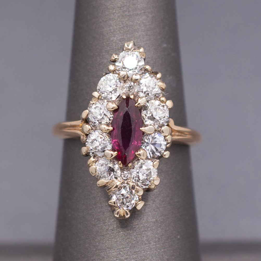 Victorian Natural Ruby and Old Mine Cut Diamond Halo Navette Ring in 14k Yellow Gold