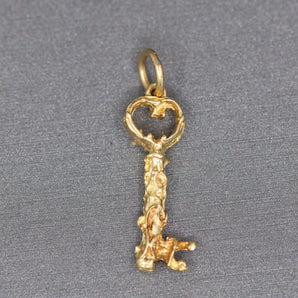 Vintage Embellished Skeleton Key Charm Pendant in 14k Yellow Gold