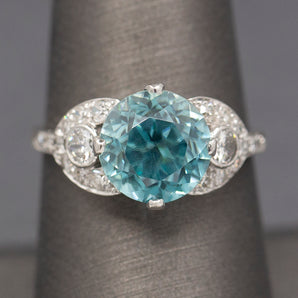 Sparkling Blue Zircon and Old European Cut Diamond Ring in Platinum