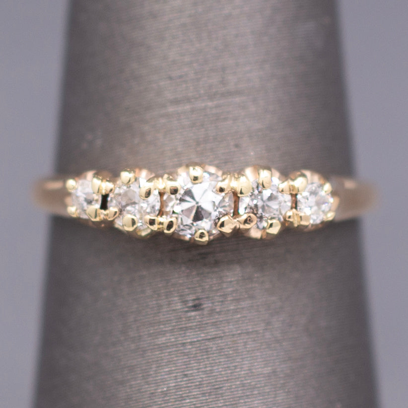Victorian Old European Cut Diamond Five Stone Wedding Band Ring in 14k Yellow Gold