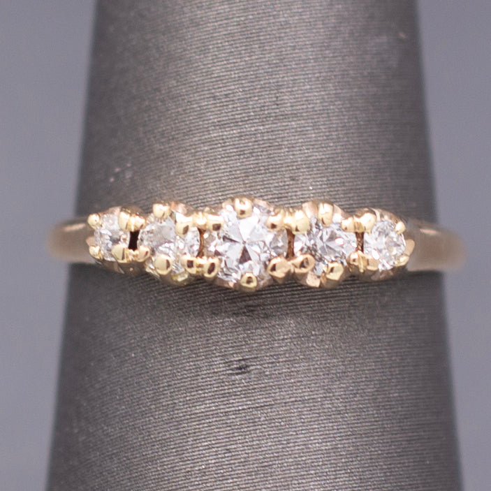 Victorian Old European Cut Diamond Five Stone Wedding Band Ring in 14k Yellow Gold