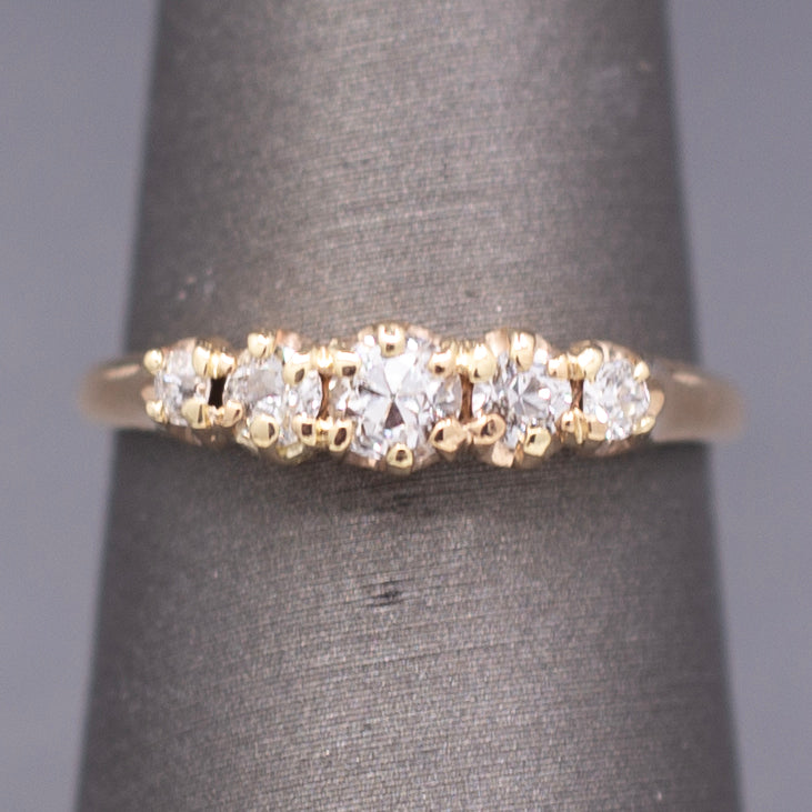 Victorian Old European Cut Diamond Five Stone Wedding Band Ring in 14k Yellow Gold