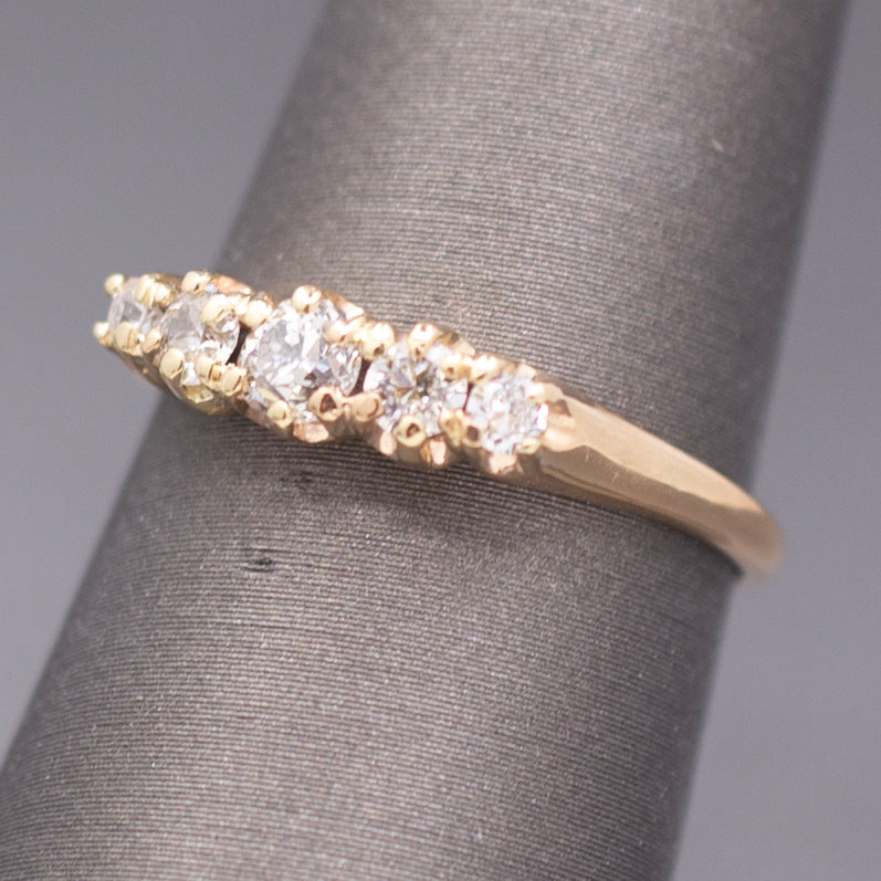 Victorian Old European Cut Diamond Five Stone Wedding Band Ring in 14k Yellow Gold