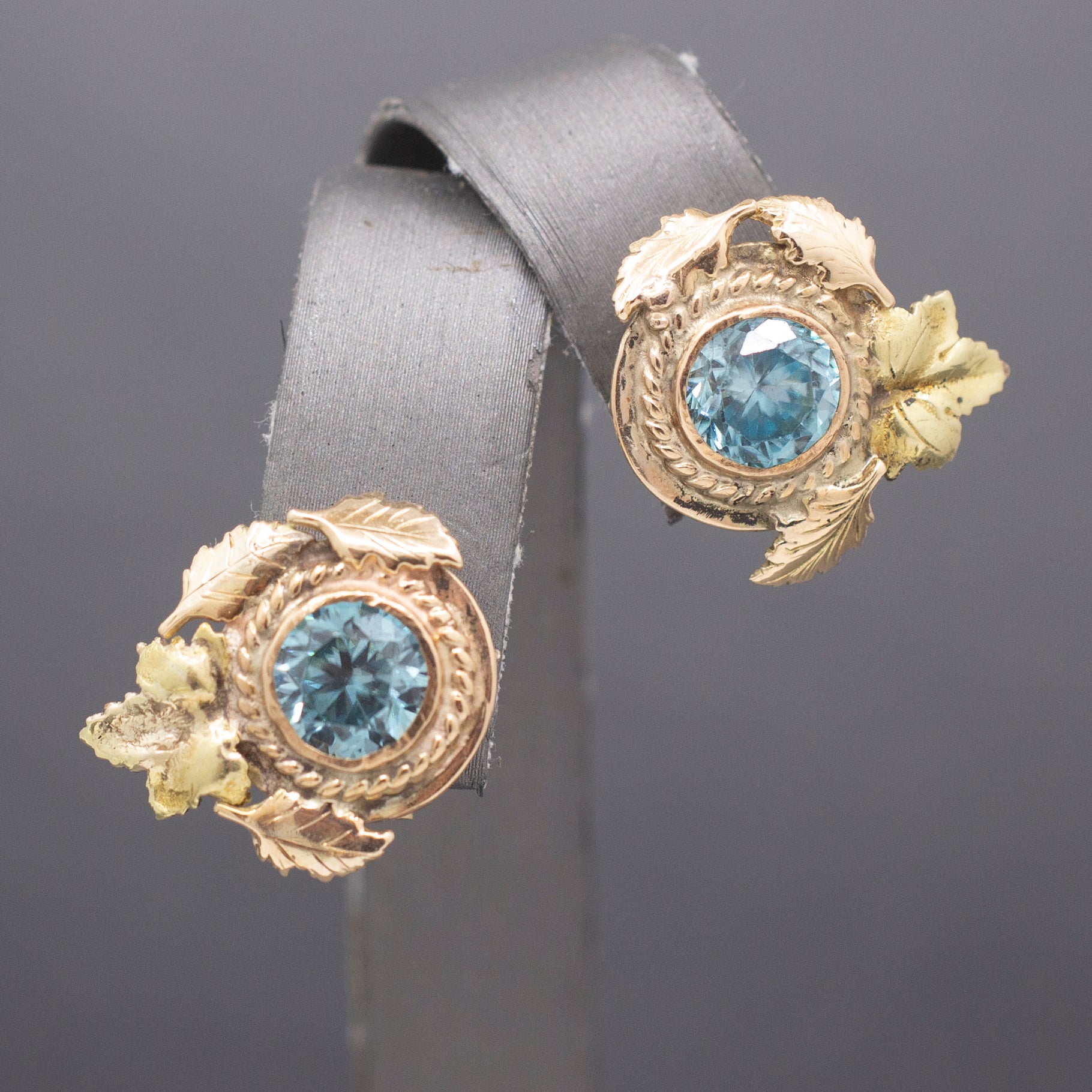 Exquisite Retro Blue Zircon Omega Back Earrings in 10k Yellow & Rose Gold