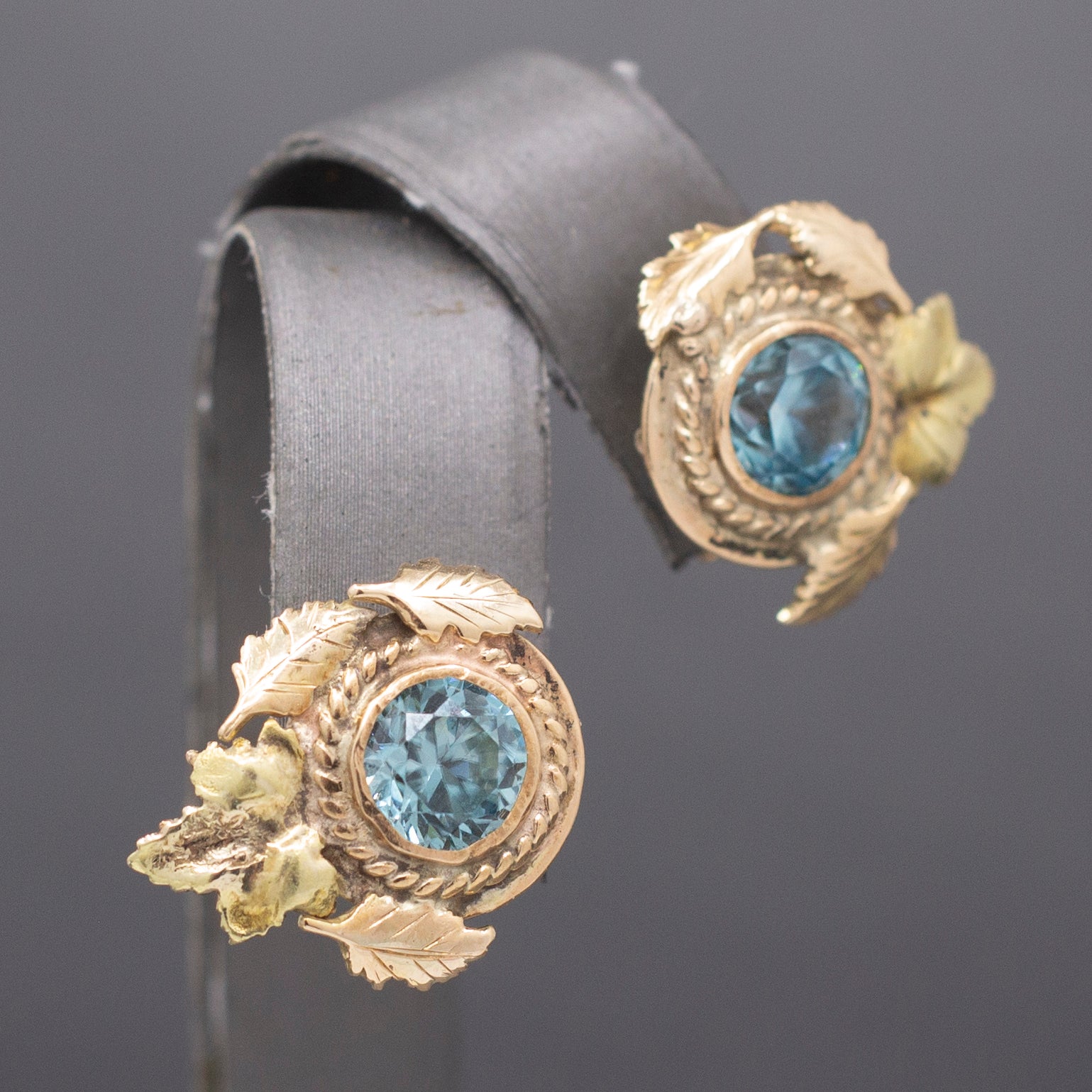 Exquisite Retro Blue Zircon Omega Back Earrings in 10k Yellow & Rose Gold