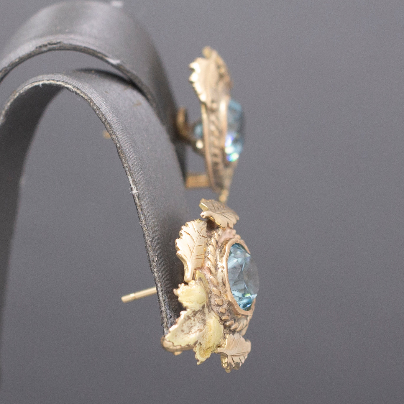 Exquisite Retro Blue Zircon Omega Back Earrings in 10k Yellow & Rose Gold