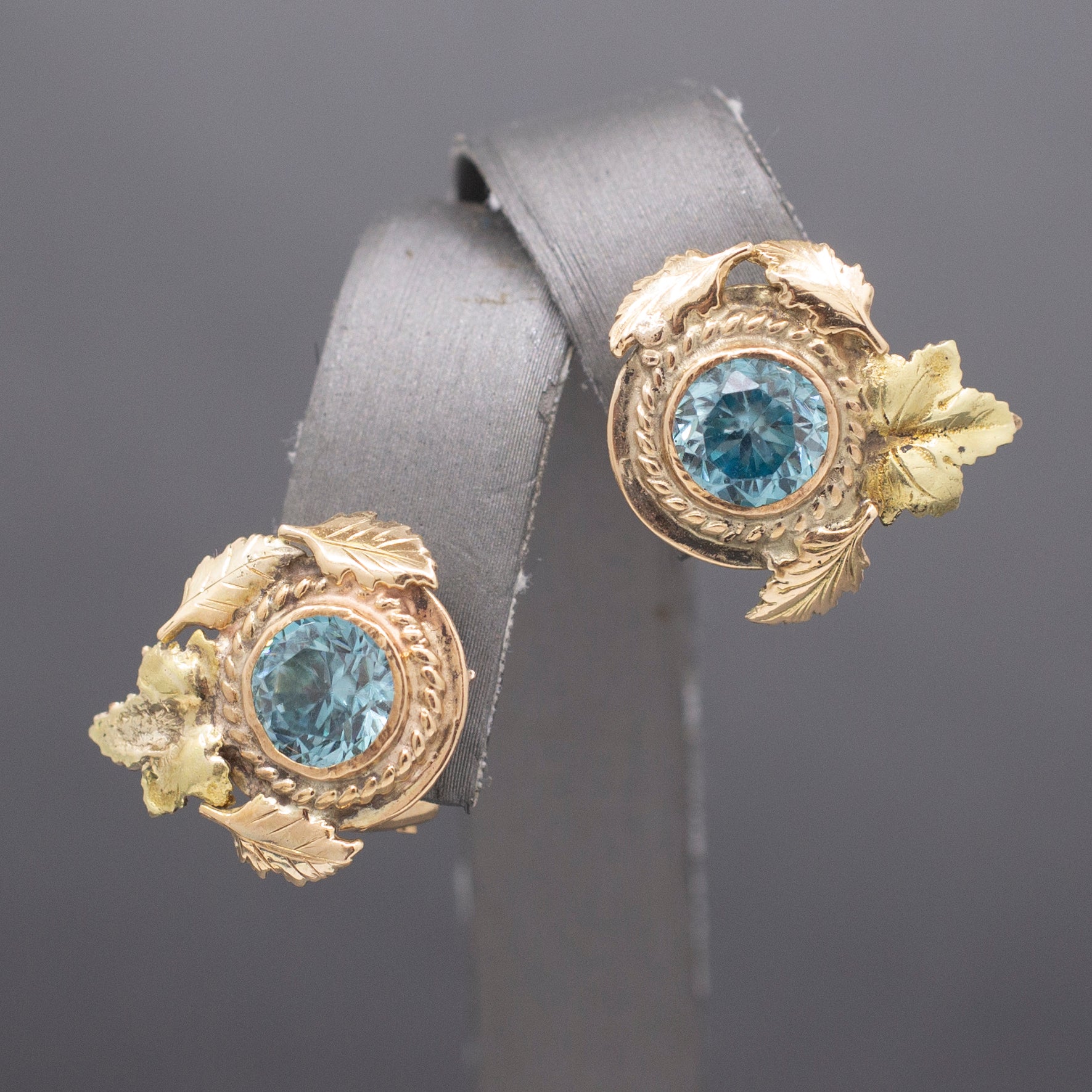 Exquisite Retro Blue Zircon Omega Back Earrings in 10k Yellow & Rose Gold