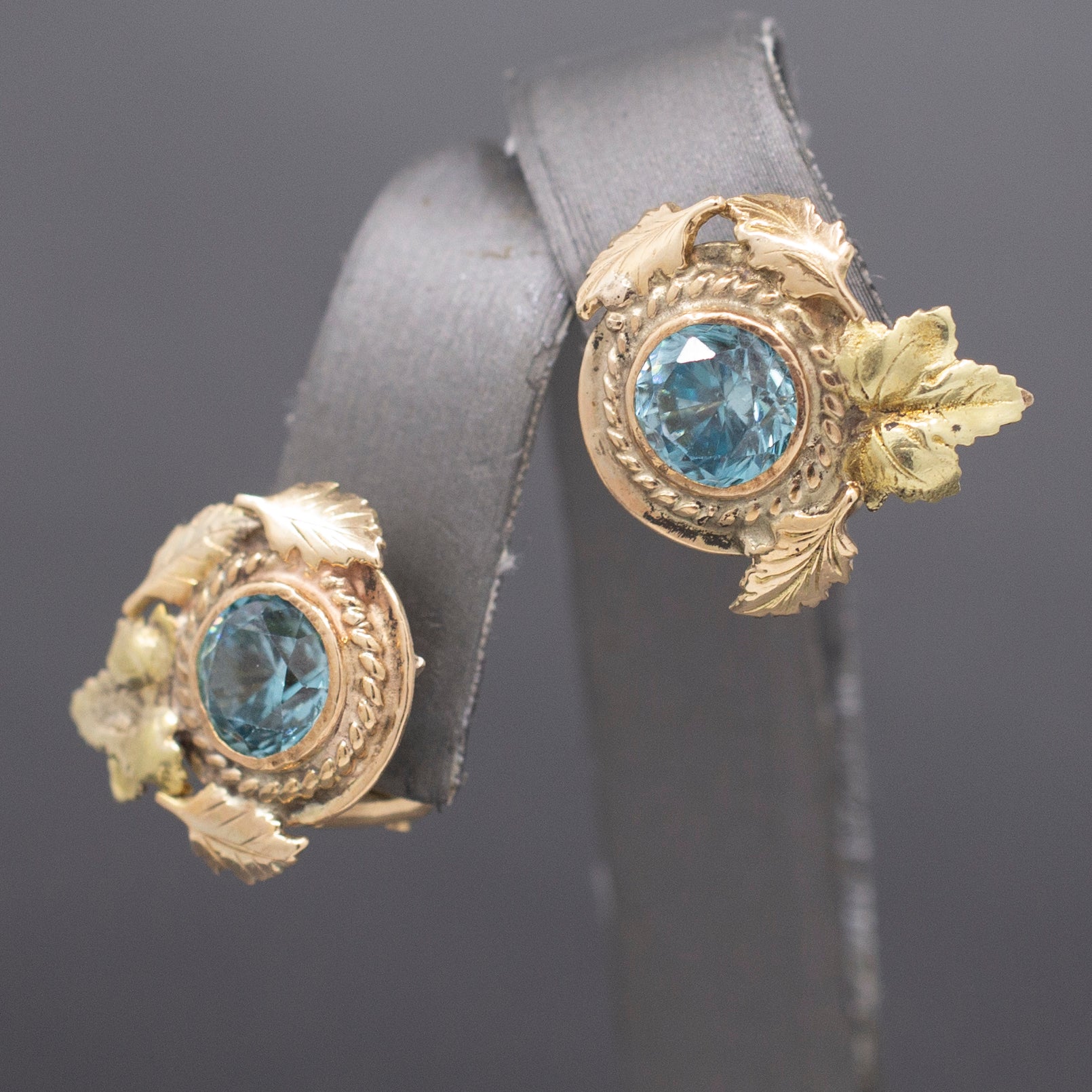 Exquisite Retro Blue Zircon Omega Back Earrings in 10k Yellow & Rose Gold