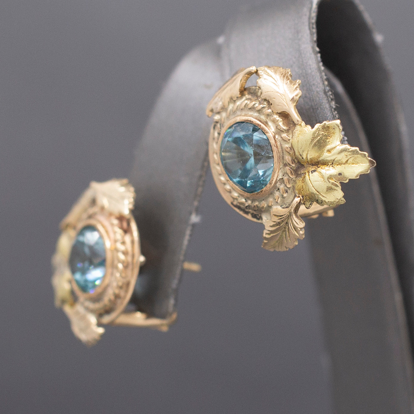 Exquisite Retro Blue Zircon Omega Back Earrings in 10k Yellow & Rose Gold