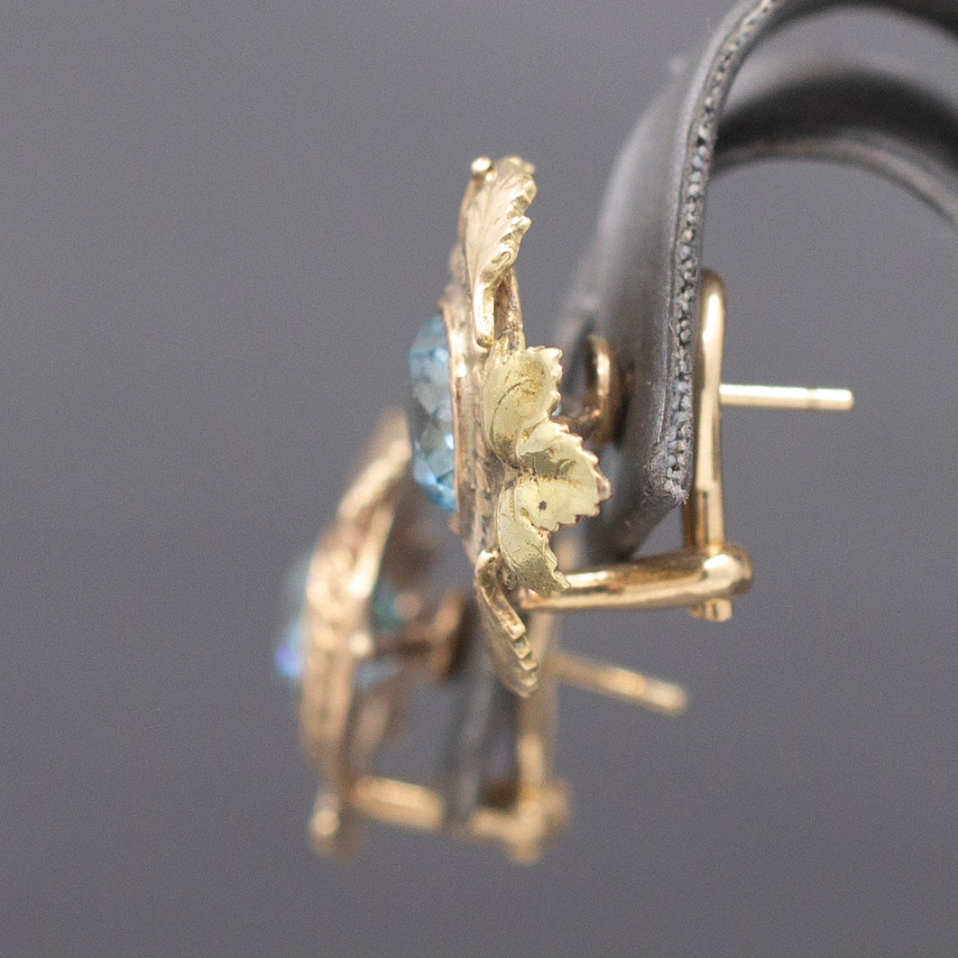 Exquisite Retro Blue Zircon Omega Back Earrings in 10k Yellow & Rose Gold
